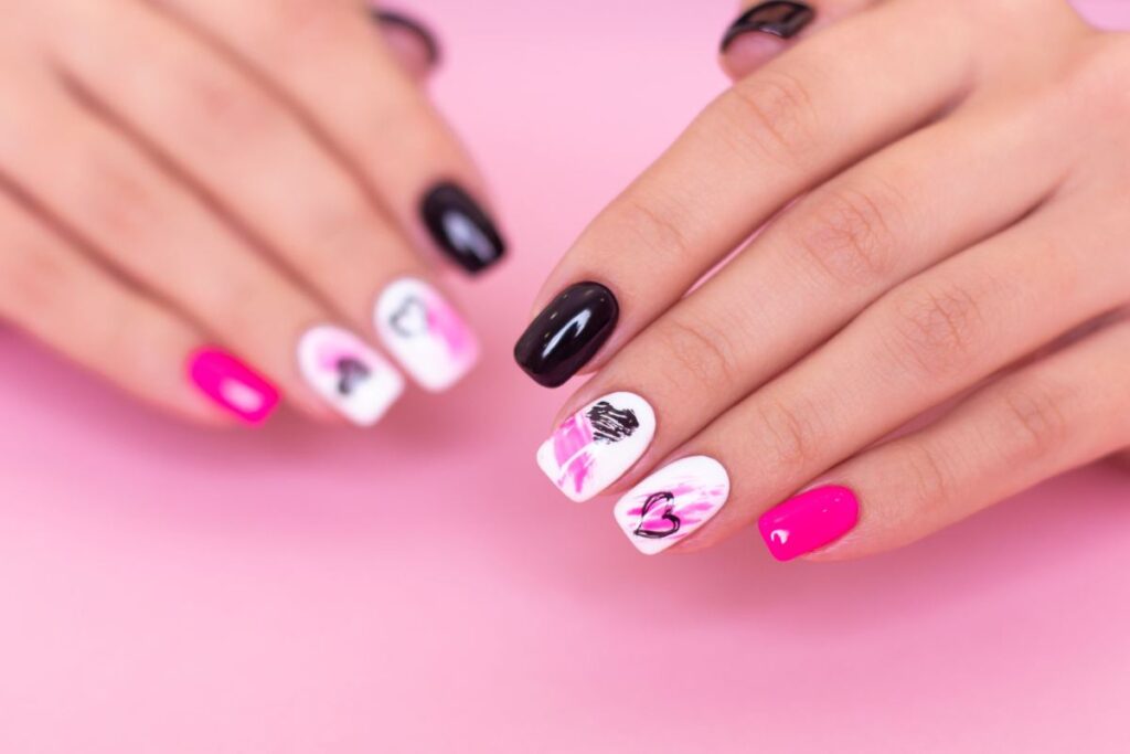 Glitter Hot Pink And Black Nails